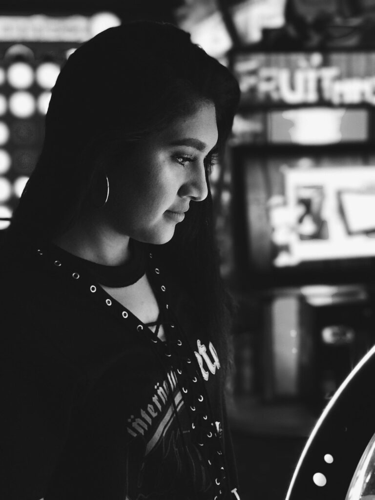 arcade, girl, side profile, portrait, woman, profile, young, side, female, fashion, model, dark